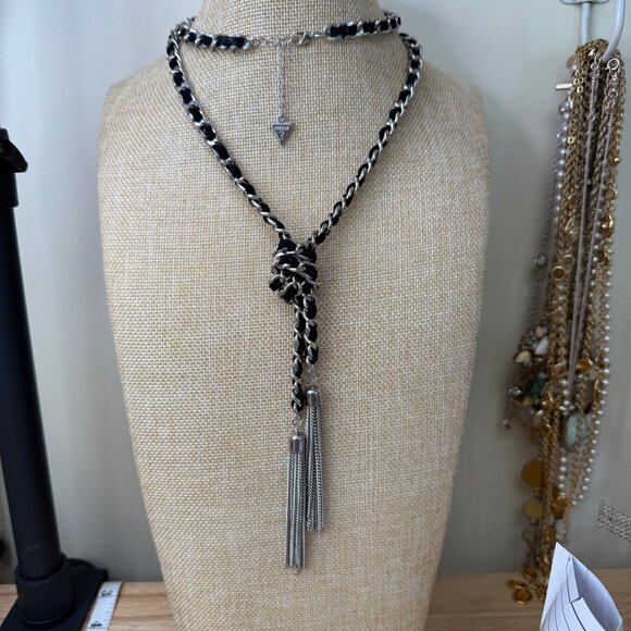 Guess Black & Silver Chain Tassel Necklace With Knot Design Adjustable Length Fa - Picture 8 of 12